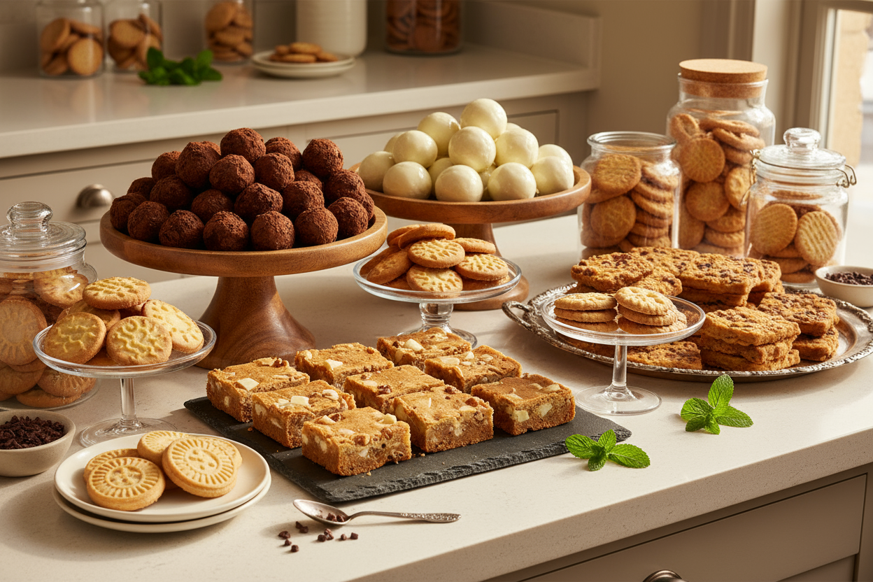 images of chocolate balls and white chocolate balls and blondies and biscuits in a kitchen display 
